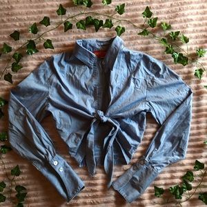 Krazy Larry Tie Waist Open Front Blouse in Blue, with Lightweight, Flared Cuffs